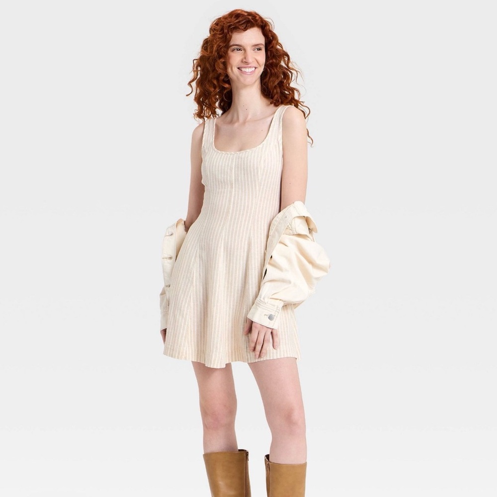 Linen Mini A-Line Tan Striped Dress from Universal Thread - NWT szS